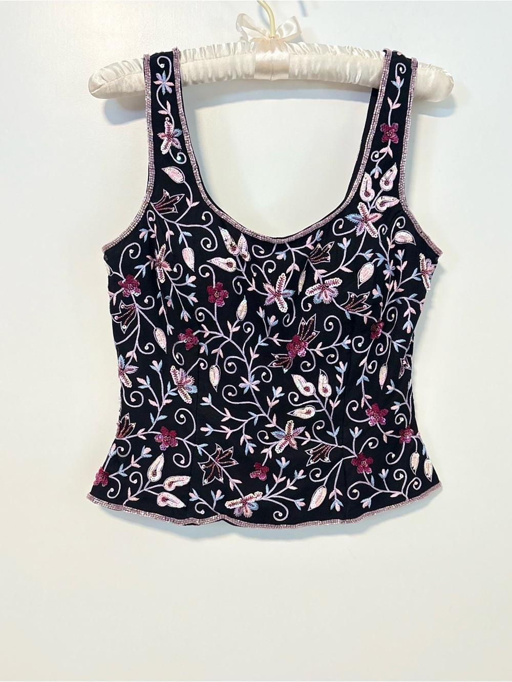 Sean Collection Black Embroidered Floral Camisole with Pink Accents
